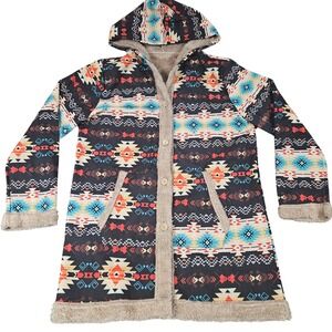 Southwestern Hooded Jacket Women M Aztec Geometric Faux Fur Trim Boho Coat Ranch